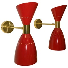 Vintage Pr of Double Cone Red Enameled Aluminum w/ White Interior & Brass Accent Sconces