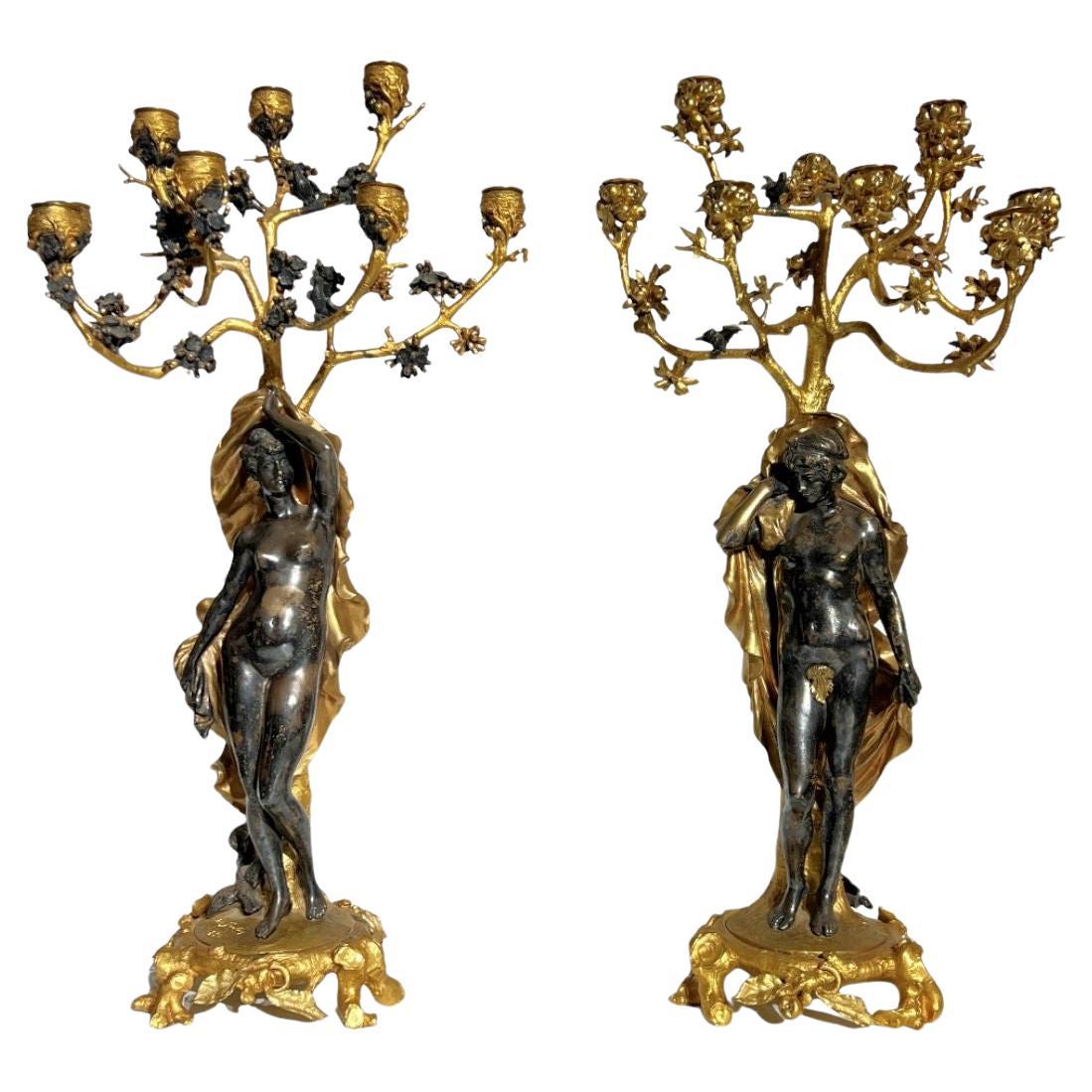 Pair Exceptional 19th Century French Gilt and Silvered Bronze Candelabras