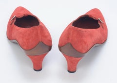 Pr of Ferragamo Red Suede T- Bar Kitten-Heel Pumps with Brown Calf Leather Trim