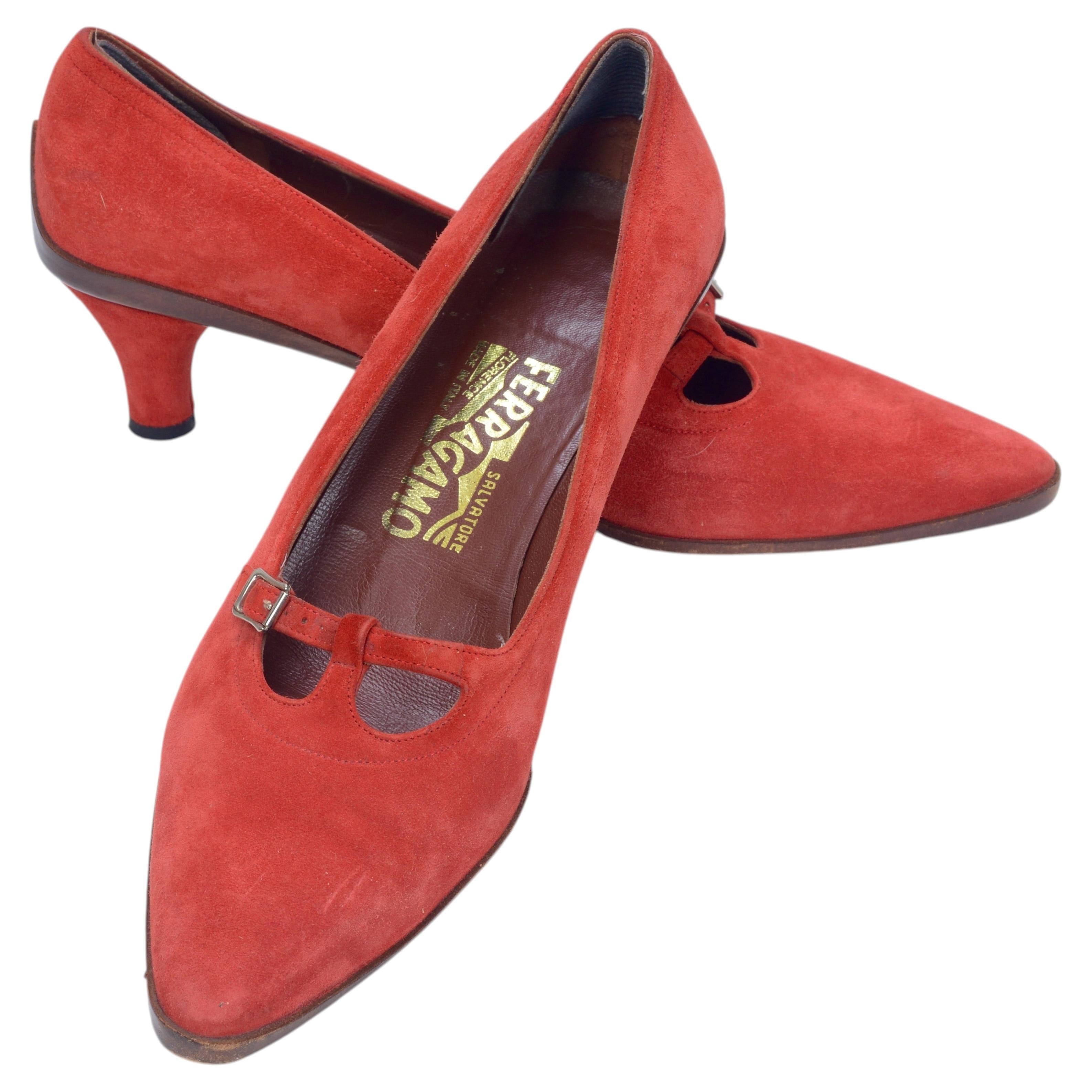 Pr of Ferragamo Red Suede T- Bar Kitten-Heel Pumps with Brown Calf Leather Trim