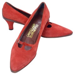 Pr of Ferragamo Red Suede T- Bar Kitten-Heel Pumps with Brown Calf Leather Trim