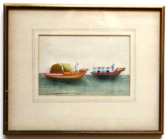 Pr. of Fine Chinese Mid 19thC Pith Paintings Depicts Colorful Hand Painted Boats