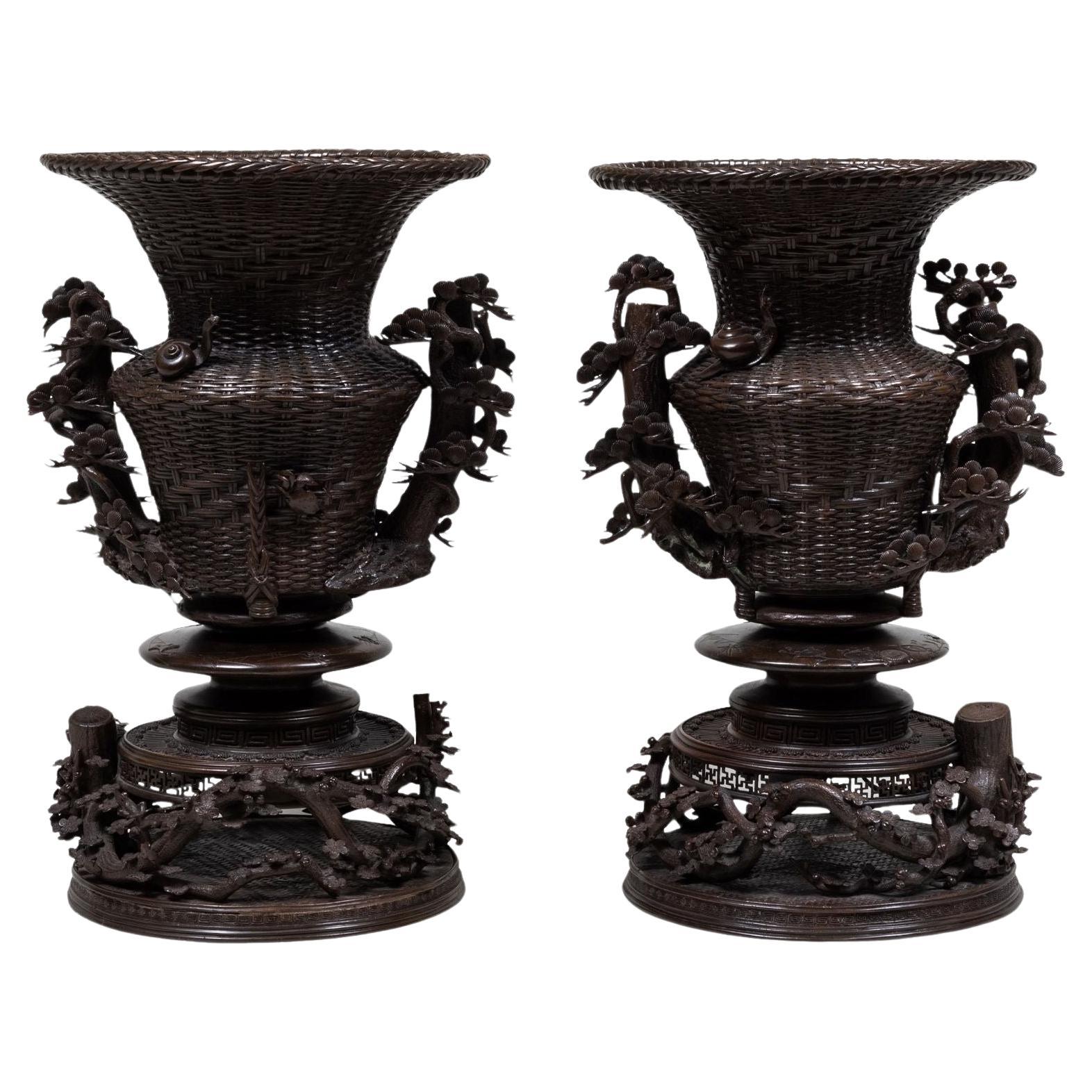 pr of  finest quality Large 19th Century Meiji Japanese Basket-Form Bronze Vases For Sale