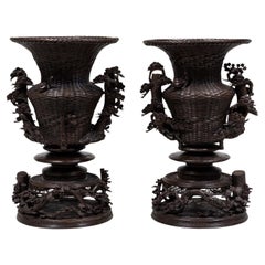 pr of  finest quality Large 19th Century Meiji Japanese Basket-Form Bronze Vases