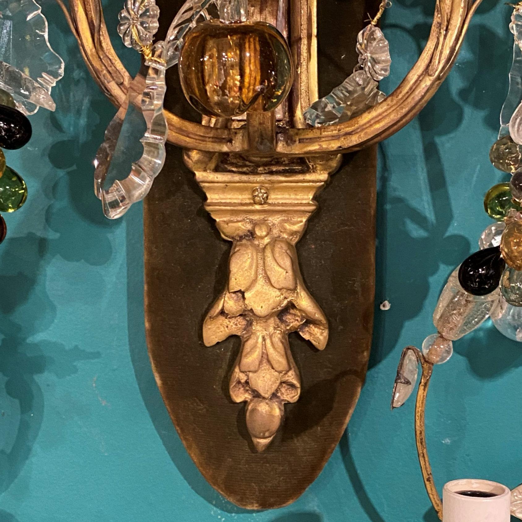 pr of French 19 century Bronze Sconces with Fruit Shaped Crystal Pendants For Sale 5