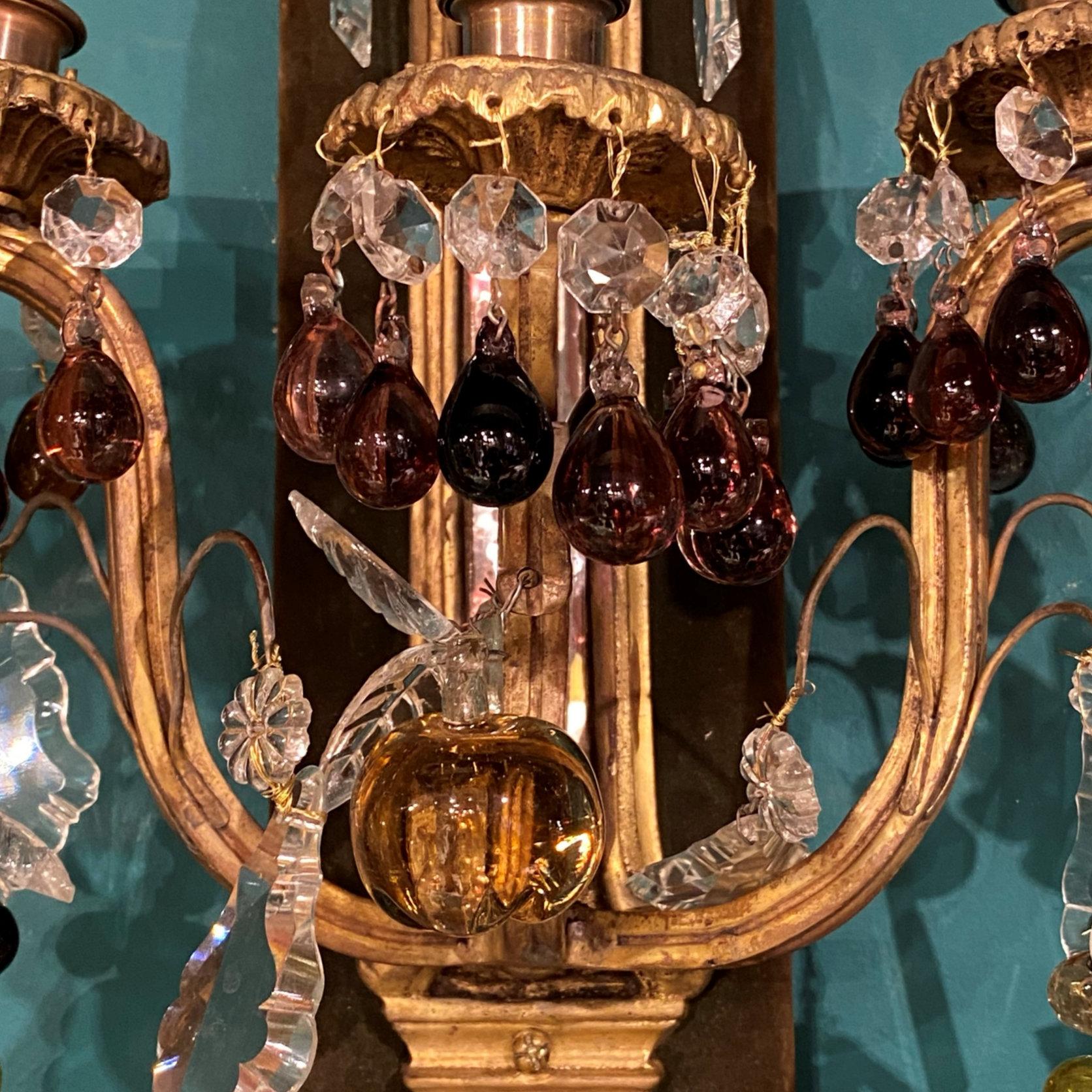 pr of French 19 century Bronze Sconces with Fruit Shaped Crystal Pendants For Sale 6