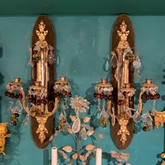 pr of French 19 century Bronze Sconces with Fruit Shaped Crystal Pendants