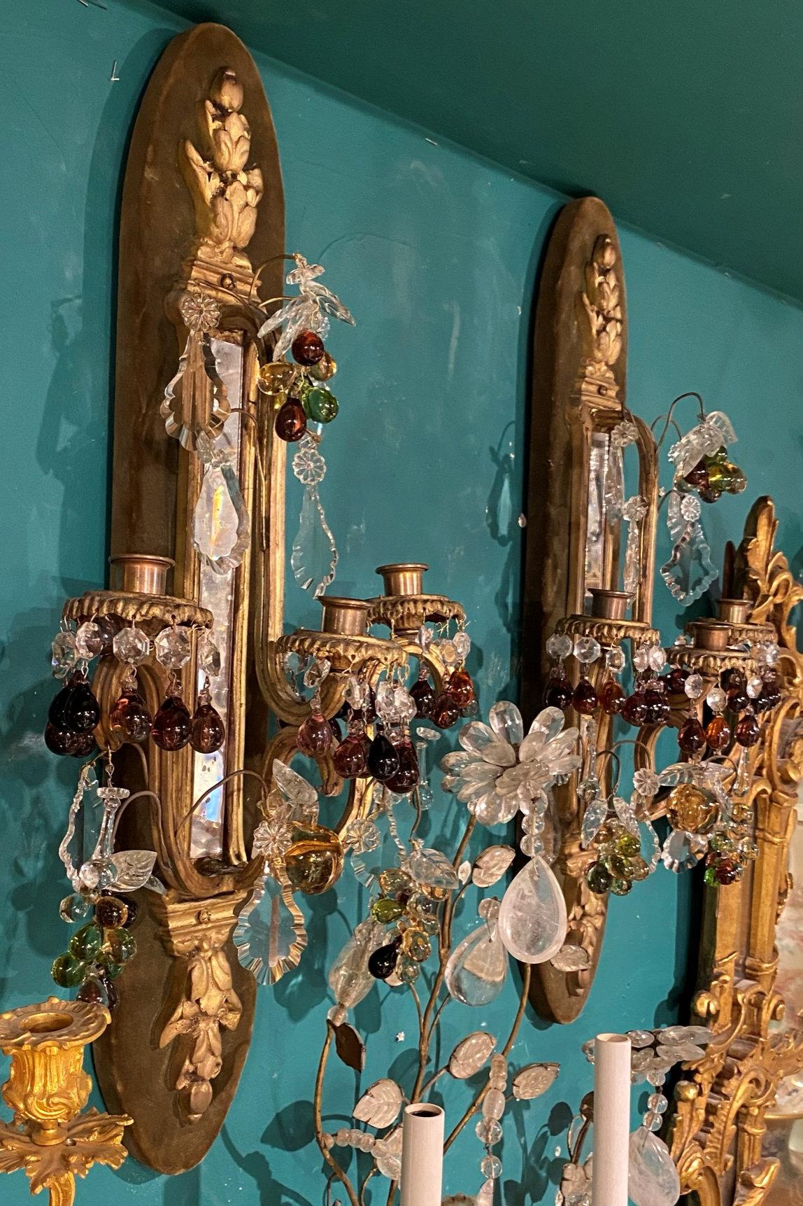 Louis XV pr of French 19 century Bronze Sconces with Fruit Shaped Crystal Pendants For Sale