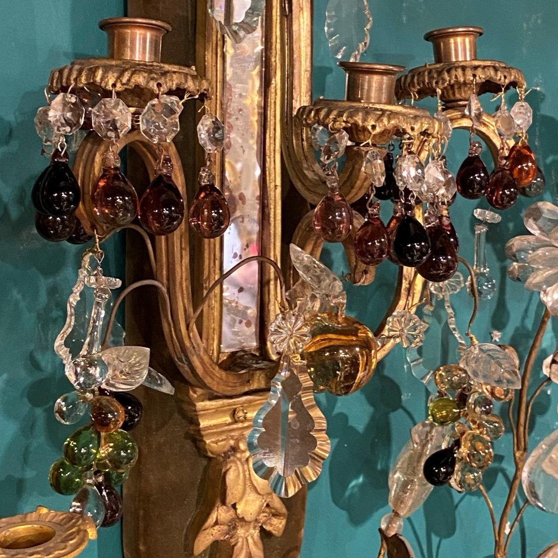 pr of French 19 century Bronze Sconces with Fruit Shaped Crystal Pendants In Good Condition For Sale In New York, NY