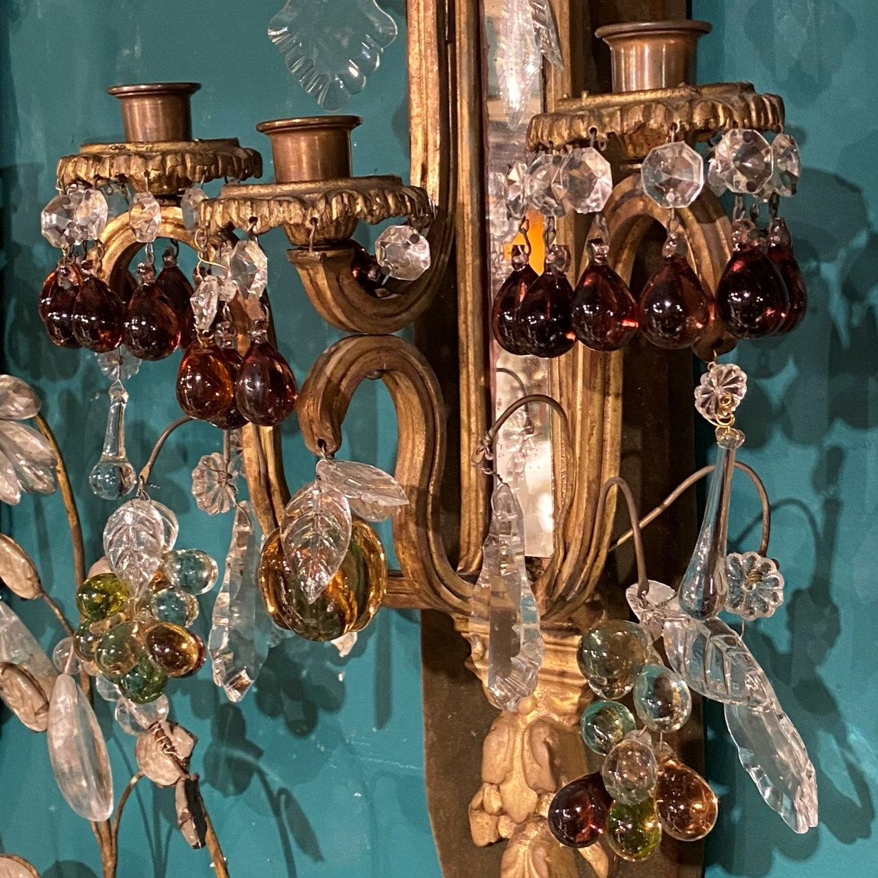 20th Century pr of French 19 century Bronze Sconces with Fruit Shaped Crystal Pendants For Sale
