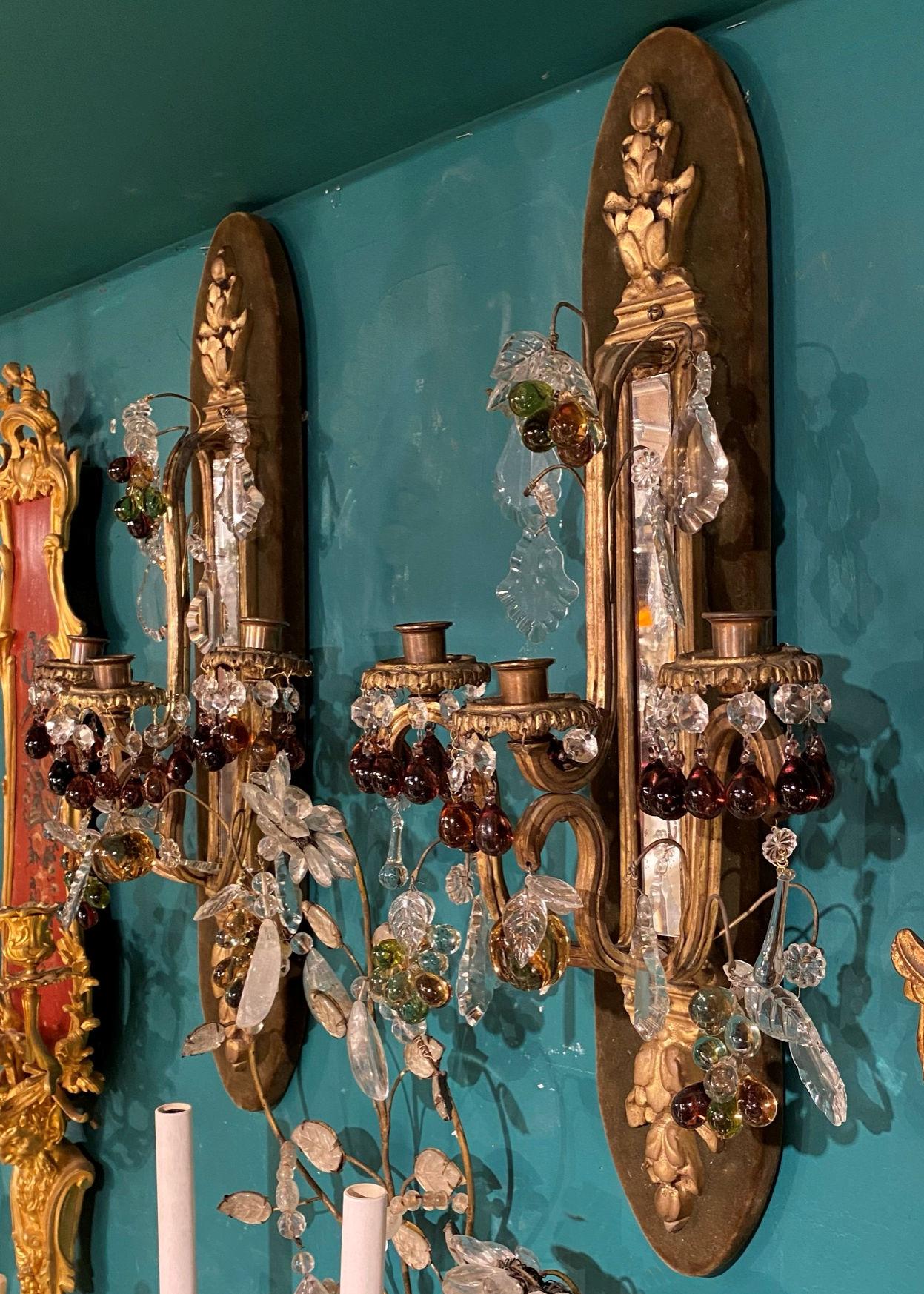pr of French 19 century Bronze Sconces with Fruit Shaped Crystal Pendants For Sale 1