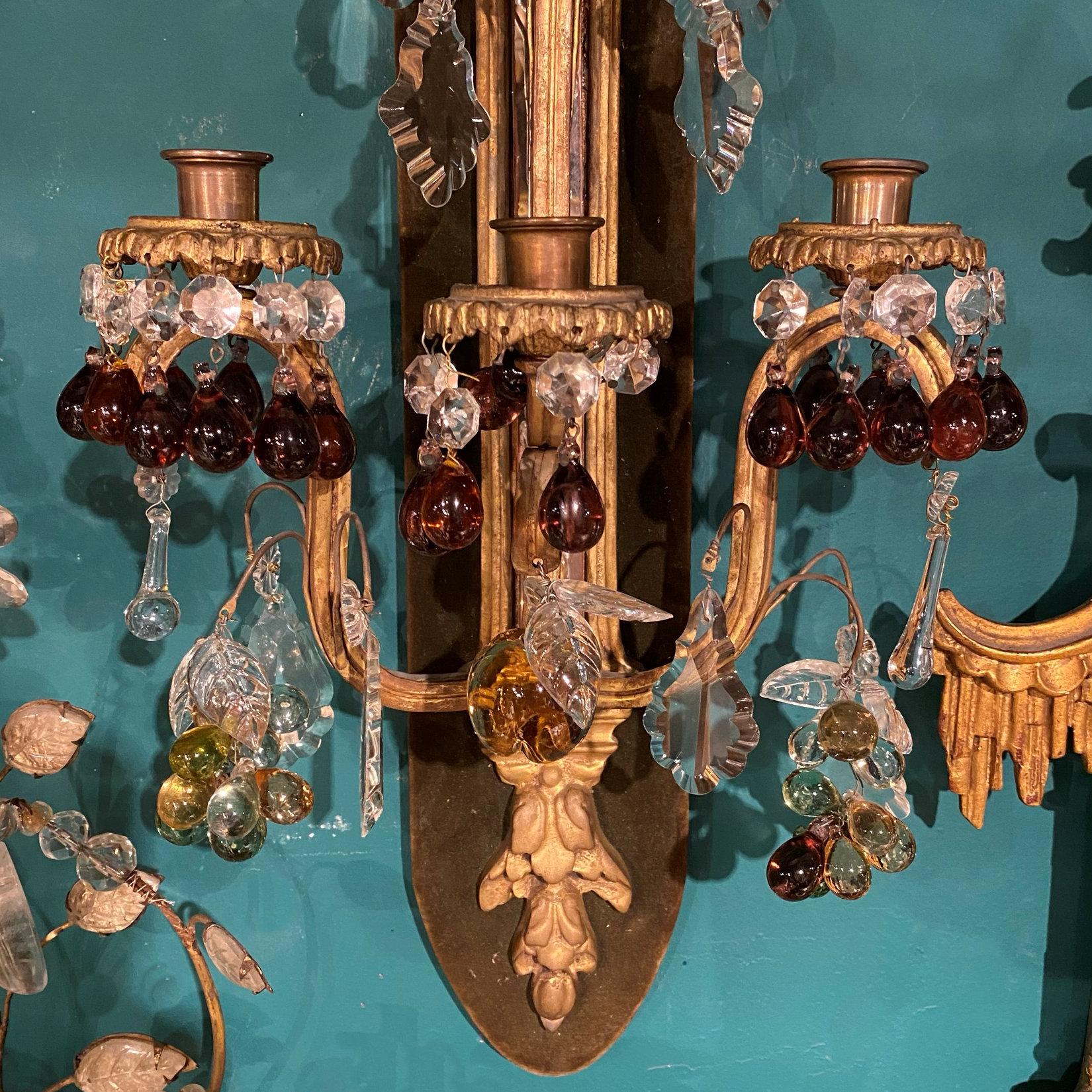 pr of French 19 century Bronze Sconces with Fruit Shaped Crystal Pendants For Sale 3