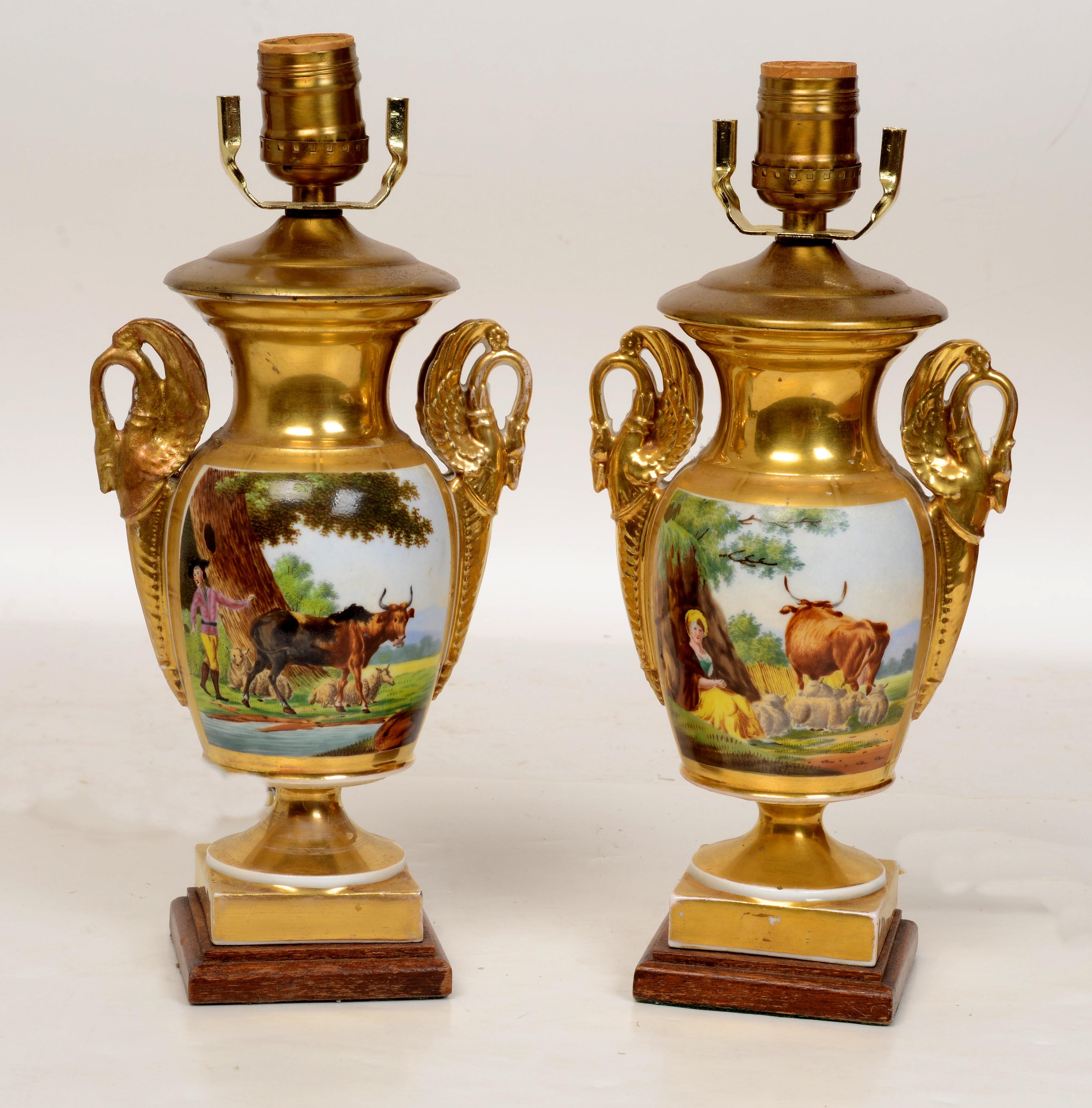 Pr of French Old Paris or Vieux Paris urns now converted into table lamps c1810. Old Paris porcelain or Vieux Paris is very broadly defined as porcelain made by artisans in and around Paris from the late 18th century to the 1870’s. It was produced