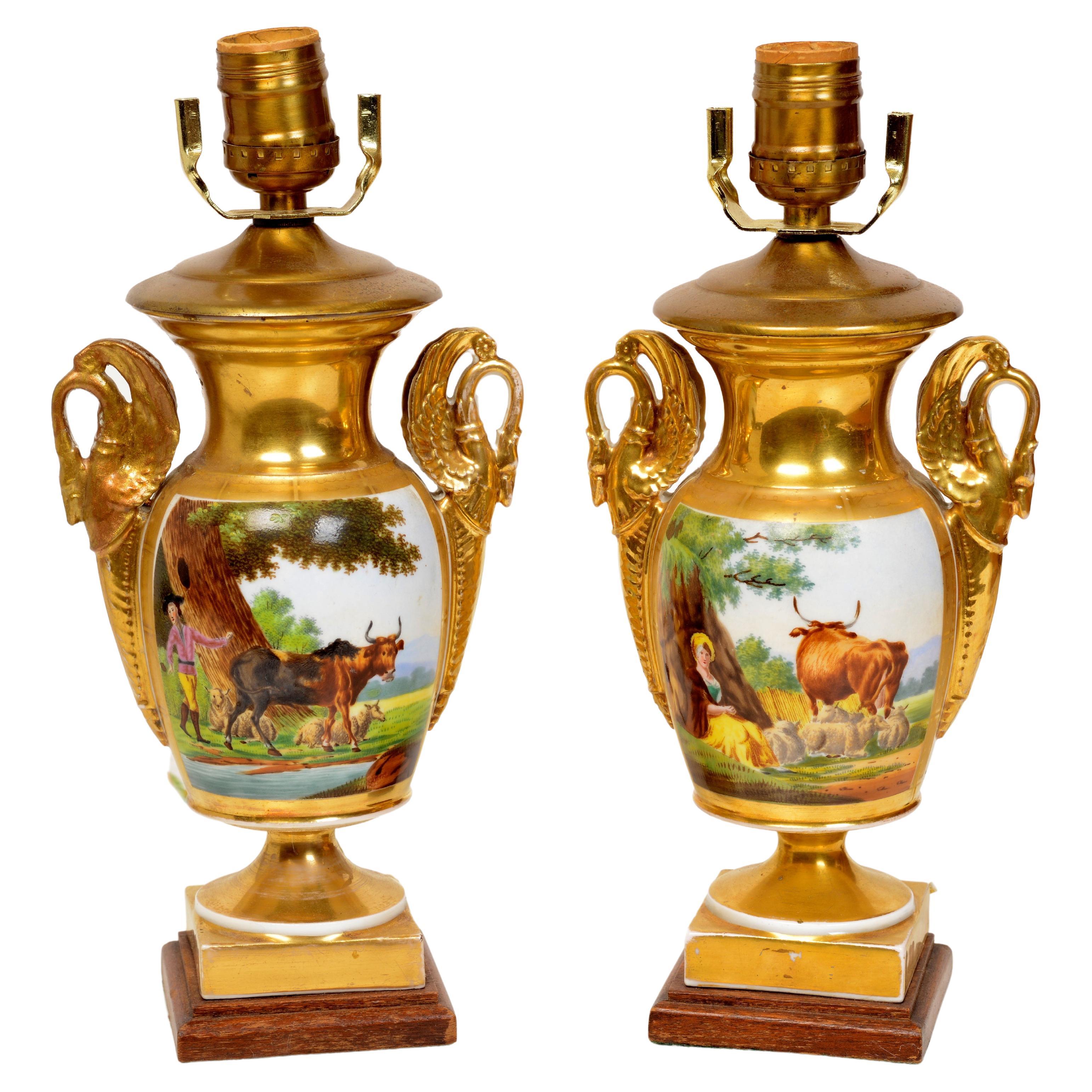 Pr of French Old Paris or Vieux Paris Urns Now Converted into Table Lamps, C1810 For Sale