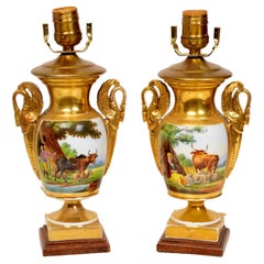 Antique Pr of French Old Paris or Vieux Paris Urns Now Converted into Table Lamps, C1810