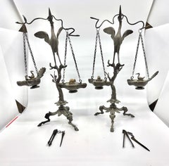 Pr of Grand Tour Pompeiian NeoClassical Bronze Heron Oil Lamps with Mouse, Swan