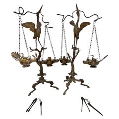 Pr of Grand Tour Pompeiian NeoClassical Bronze Heron Oil Lamps with Mouse, Swan