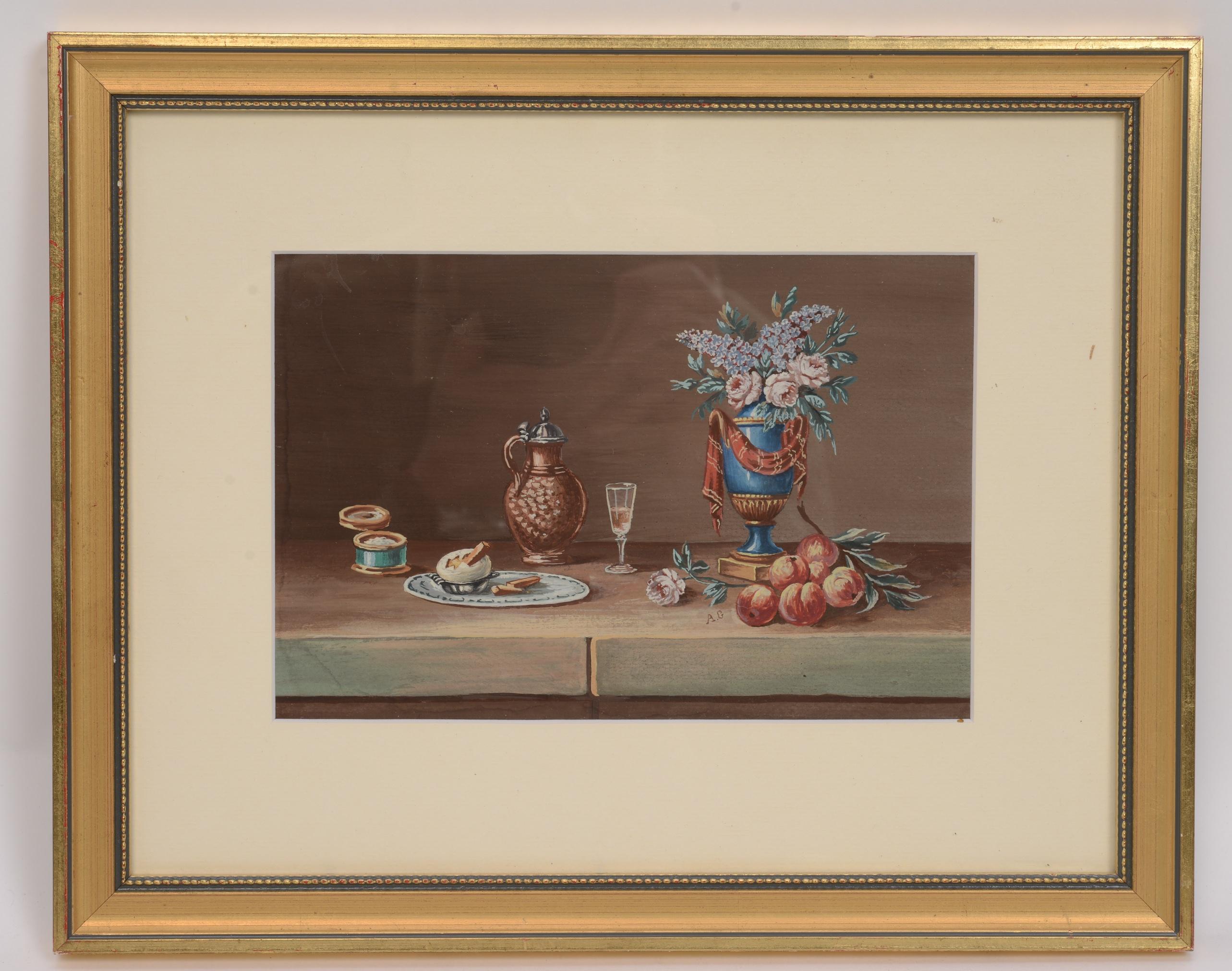Pair of late 19th century still life Gouaches after Paul LeLong, French, 1799-1846. His specialty was small still-life of table tops with various objects. One with flowers, fruit, wine and bread. The other with flowers, fruit, wine and an egg. Both