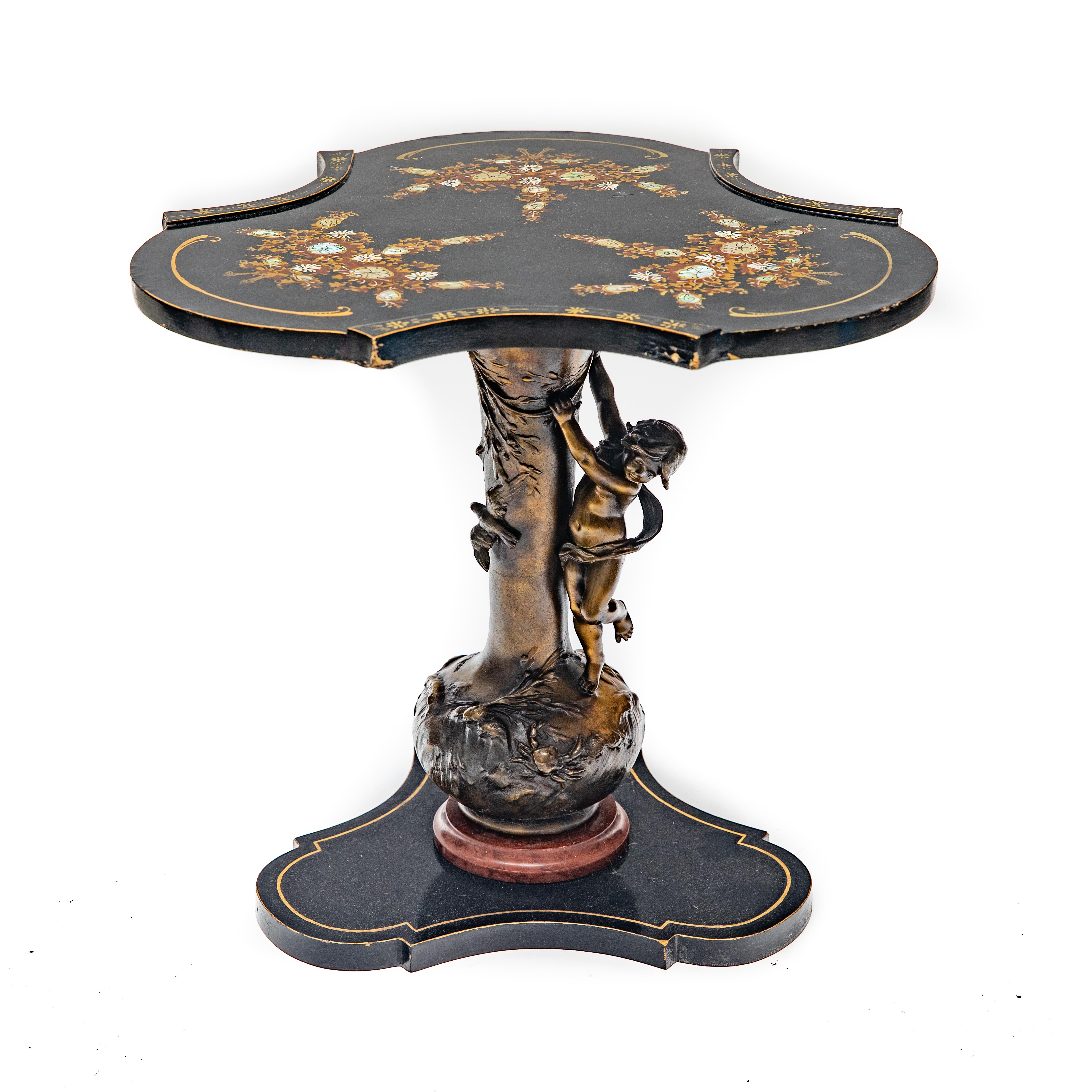 Pair of Louis and Francois Moreau signed Art Nouveau bronze based occasional tables. The wooden top is hand painted, inlaid and ebonized. Dimensions: 18