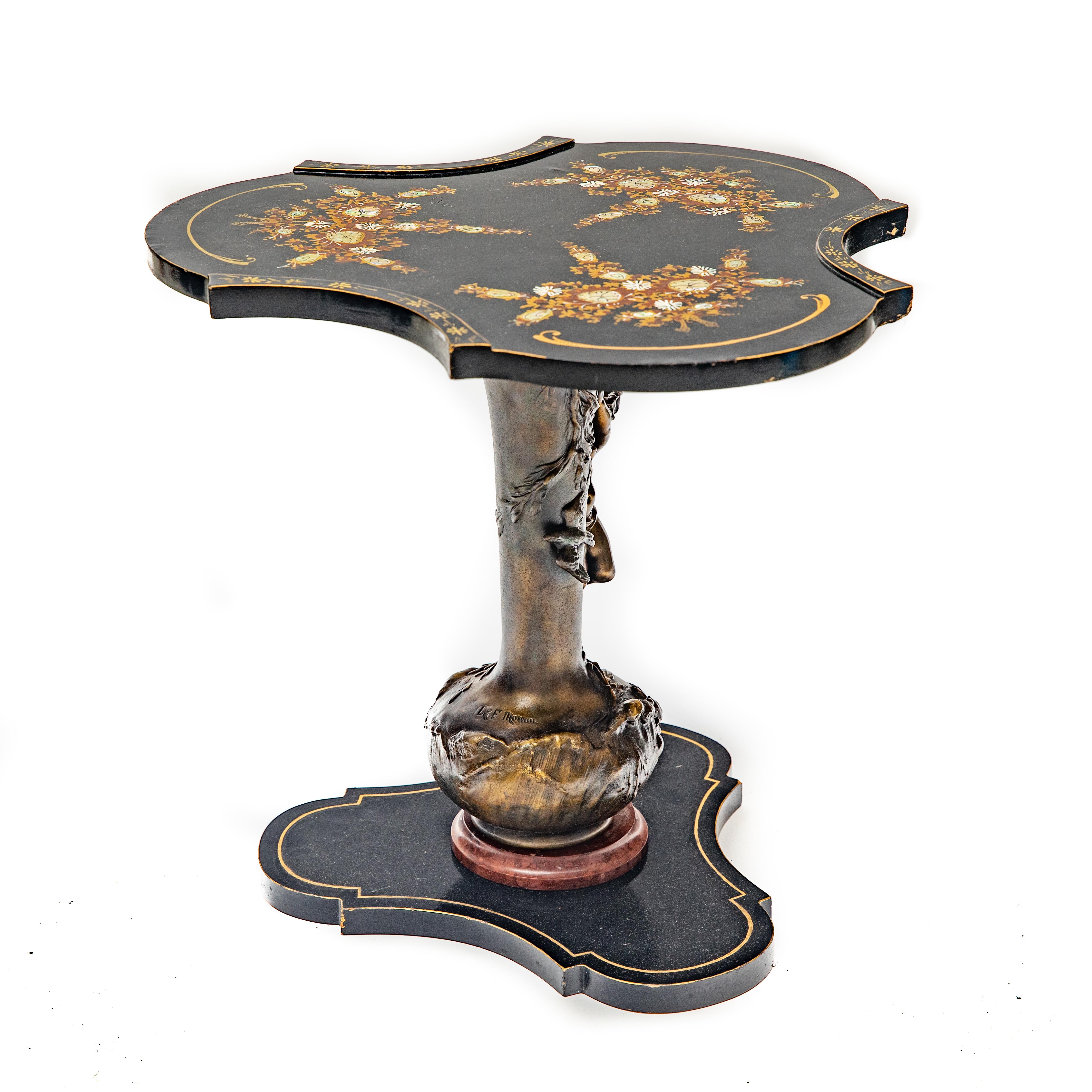 Ebonized Pair of L&F Moreau Signed Art Nouveau Bronze Based Occasional Tables