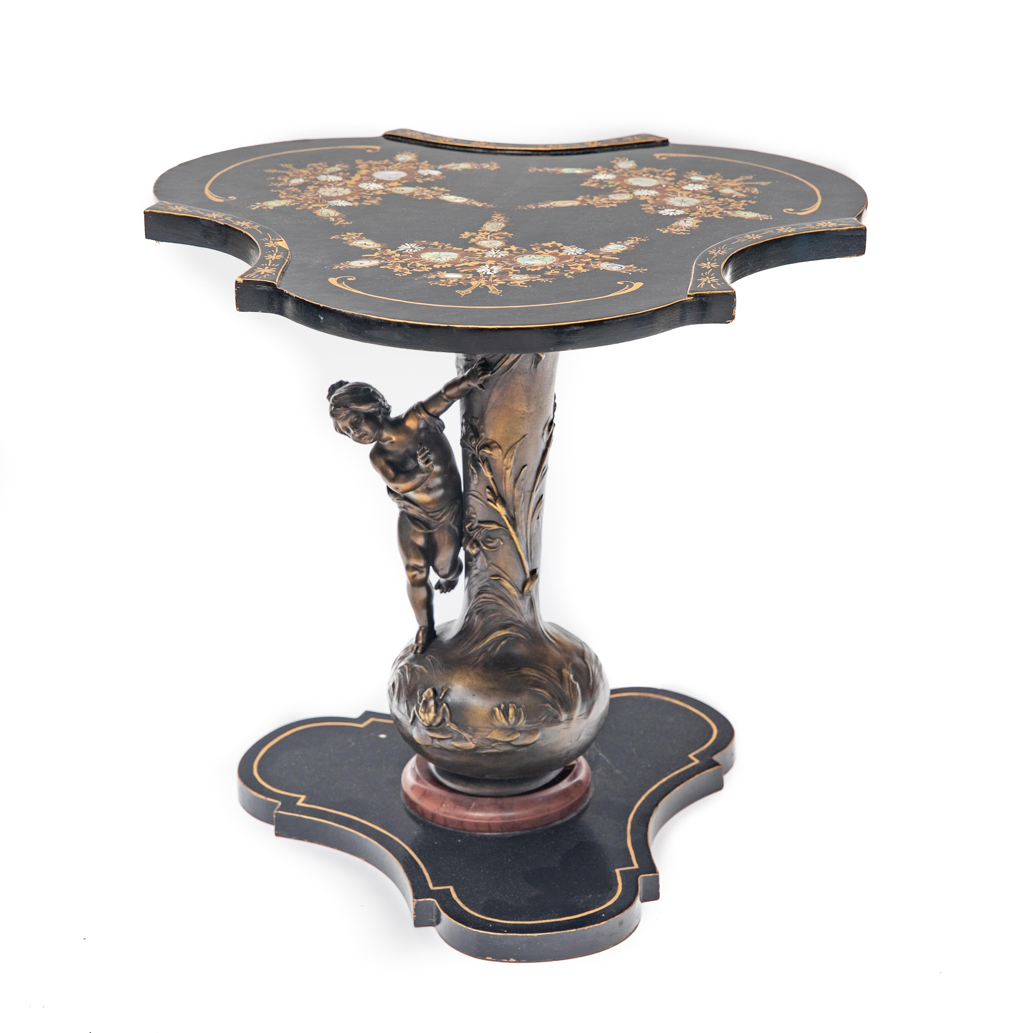 Pair of L&F Moreau Signed Art Nouveau Bronze Based Occasional Tables In Good Condition In Hudson, NY