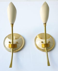 Pr "Lily" Themed White Enameled Brass Sconces with Brass Accents & Back Plate