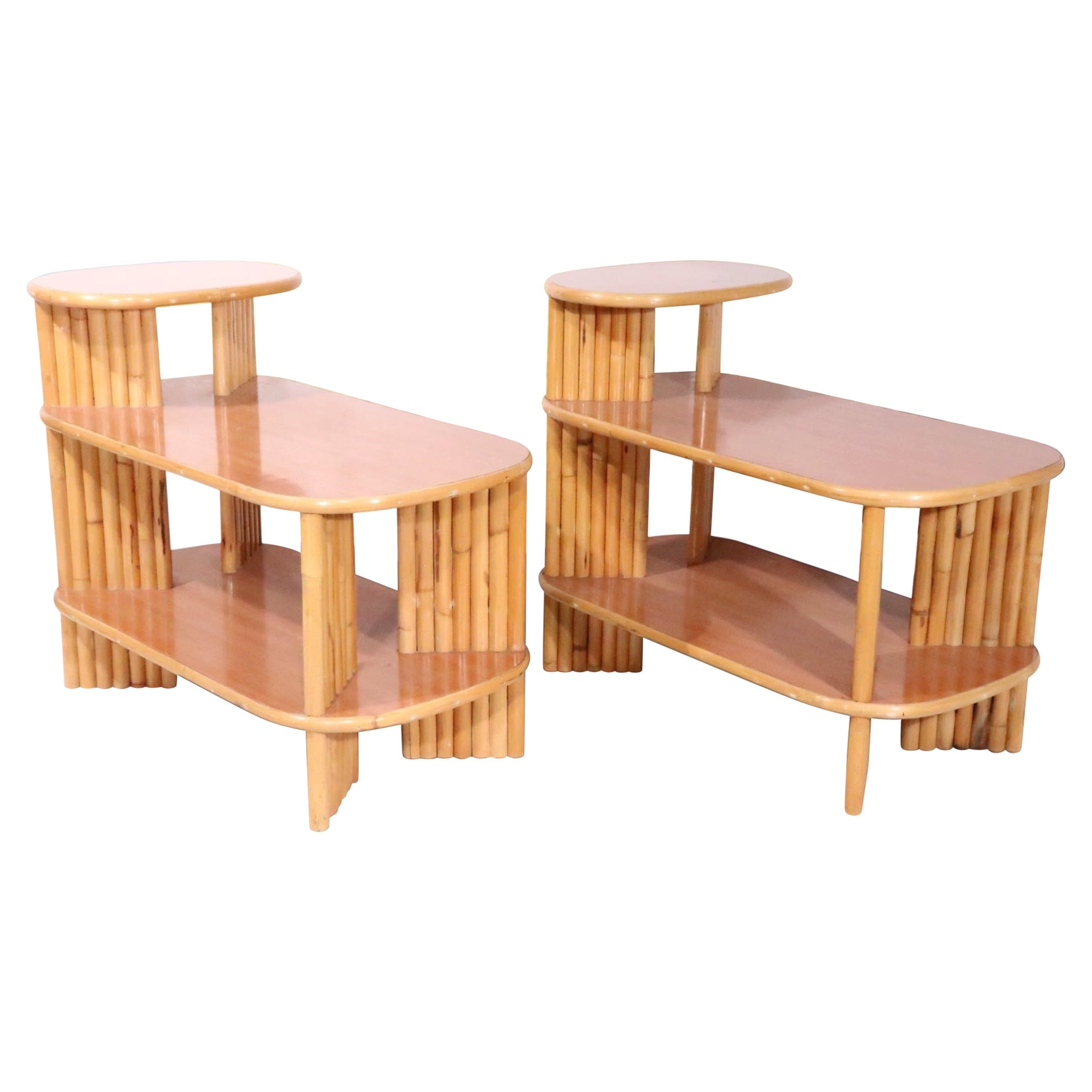 Pr. of Mid Century Bamboo and Wood Step End Tables by Herbert Ritts for Tropitan For Sale