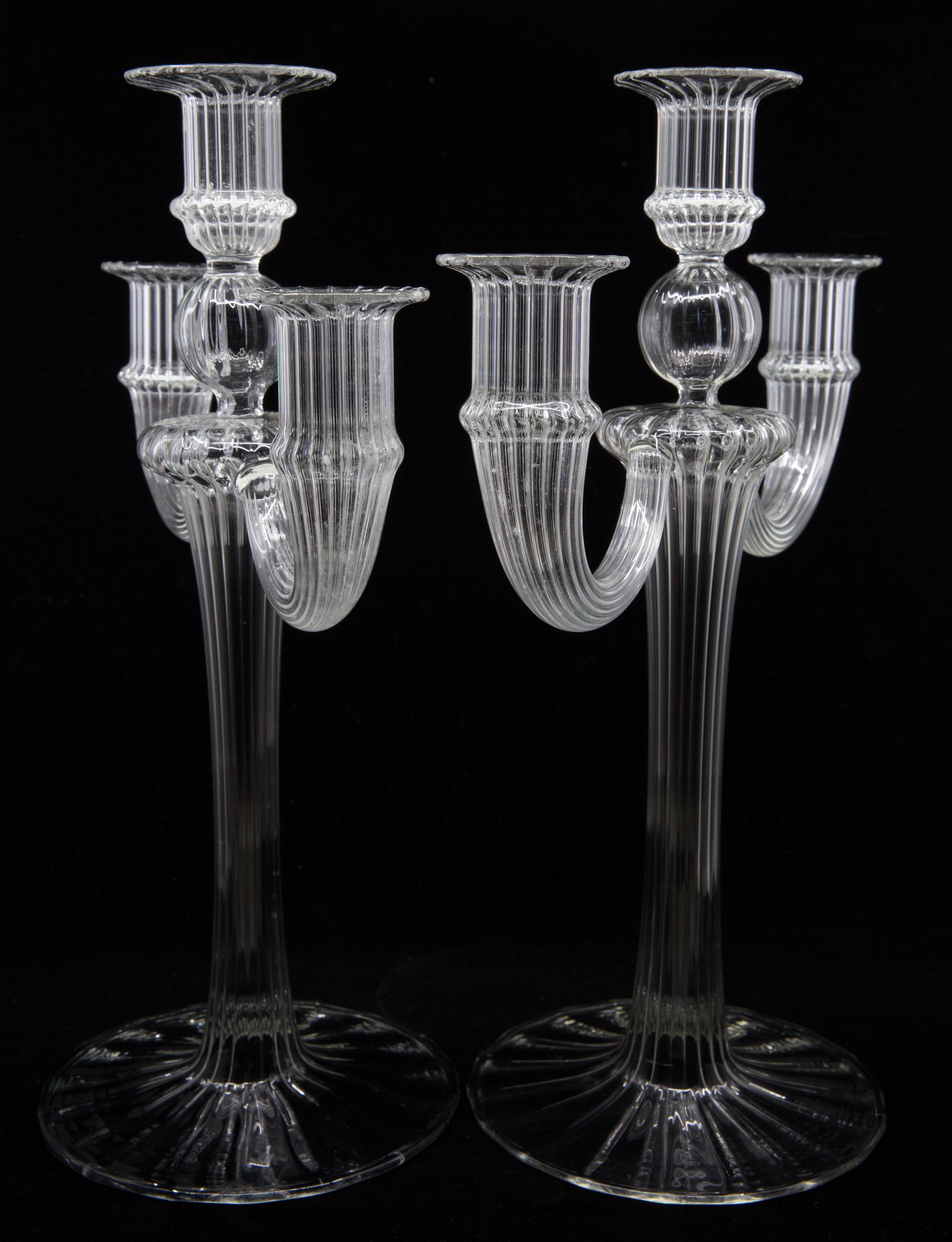Crystal Pair of Murano Venetian Midcentury Blown Glass Candelabra Attributed to Salviati