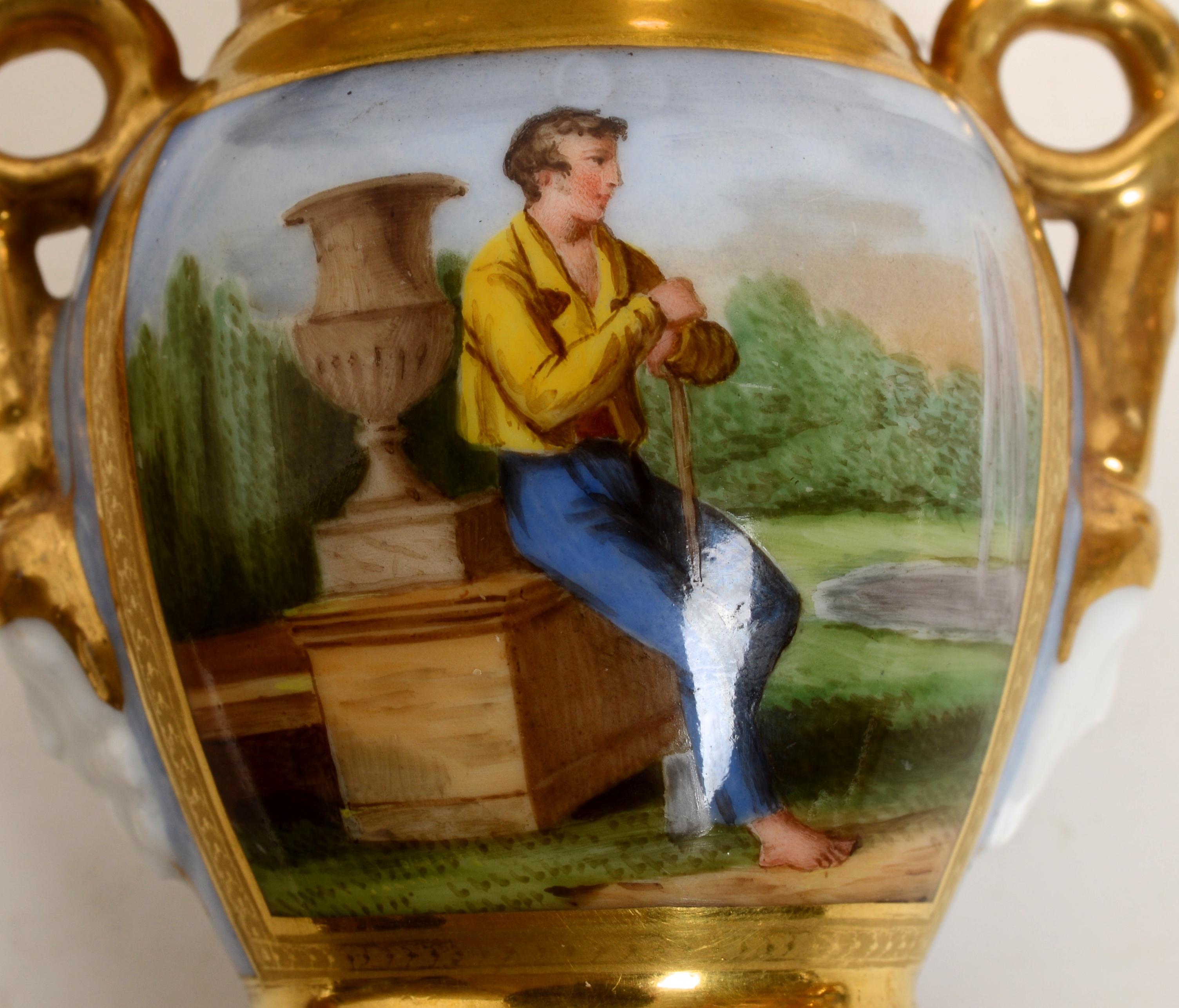 Pr. of Old Paris Miniature, Gilt Decorated Footed Urns With Garden Scenes, c1800 For Sale 3