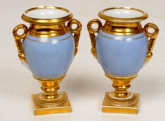 Pr. of Old Paris Miniature, Gilt Decorated Footed Urns With Garden Scenes, c1800