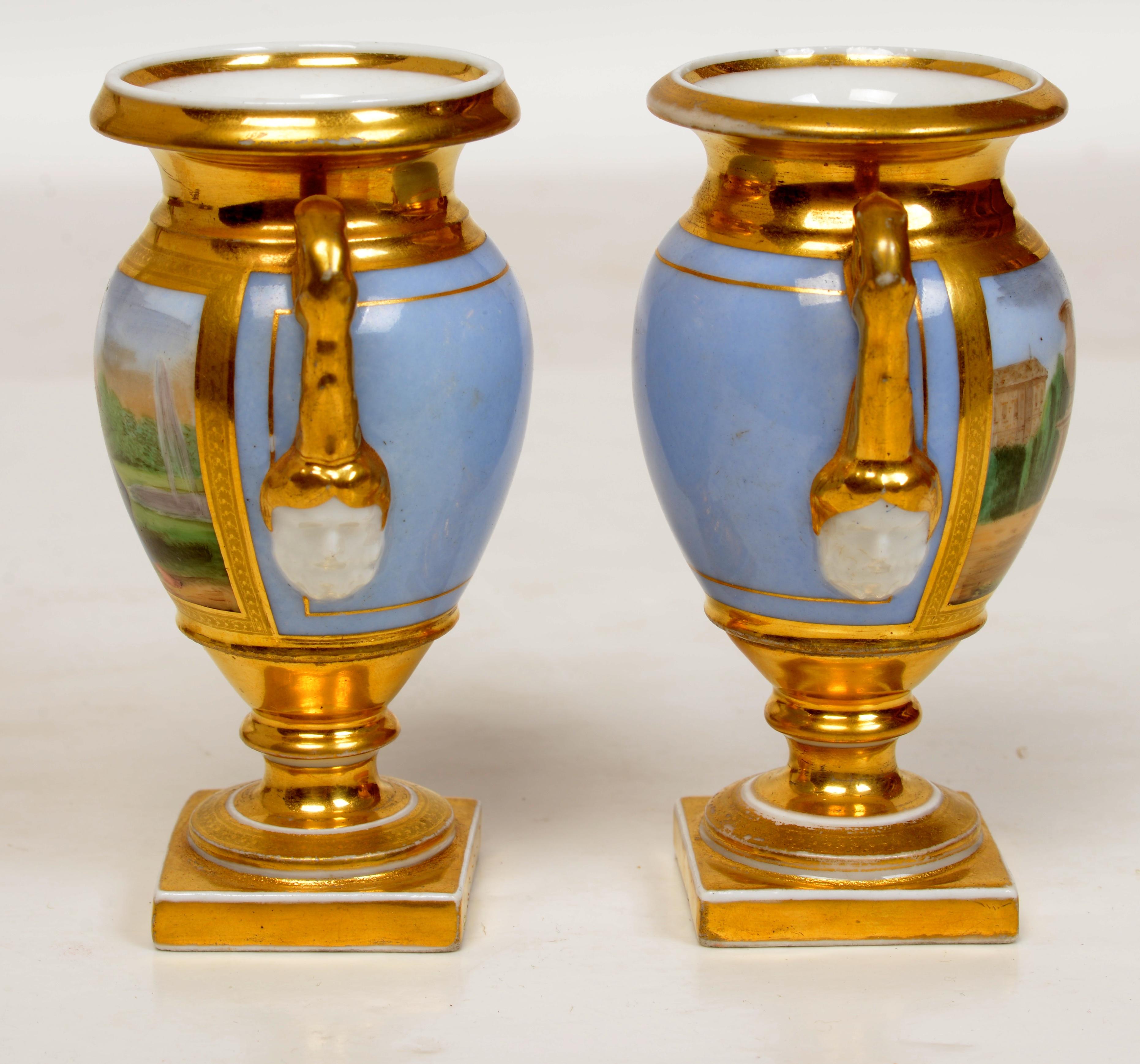 French Pr. of Old Paris Miniature, Gilt Decorated Footed Urns With Garden Scenes, c1800 For Sale