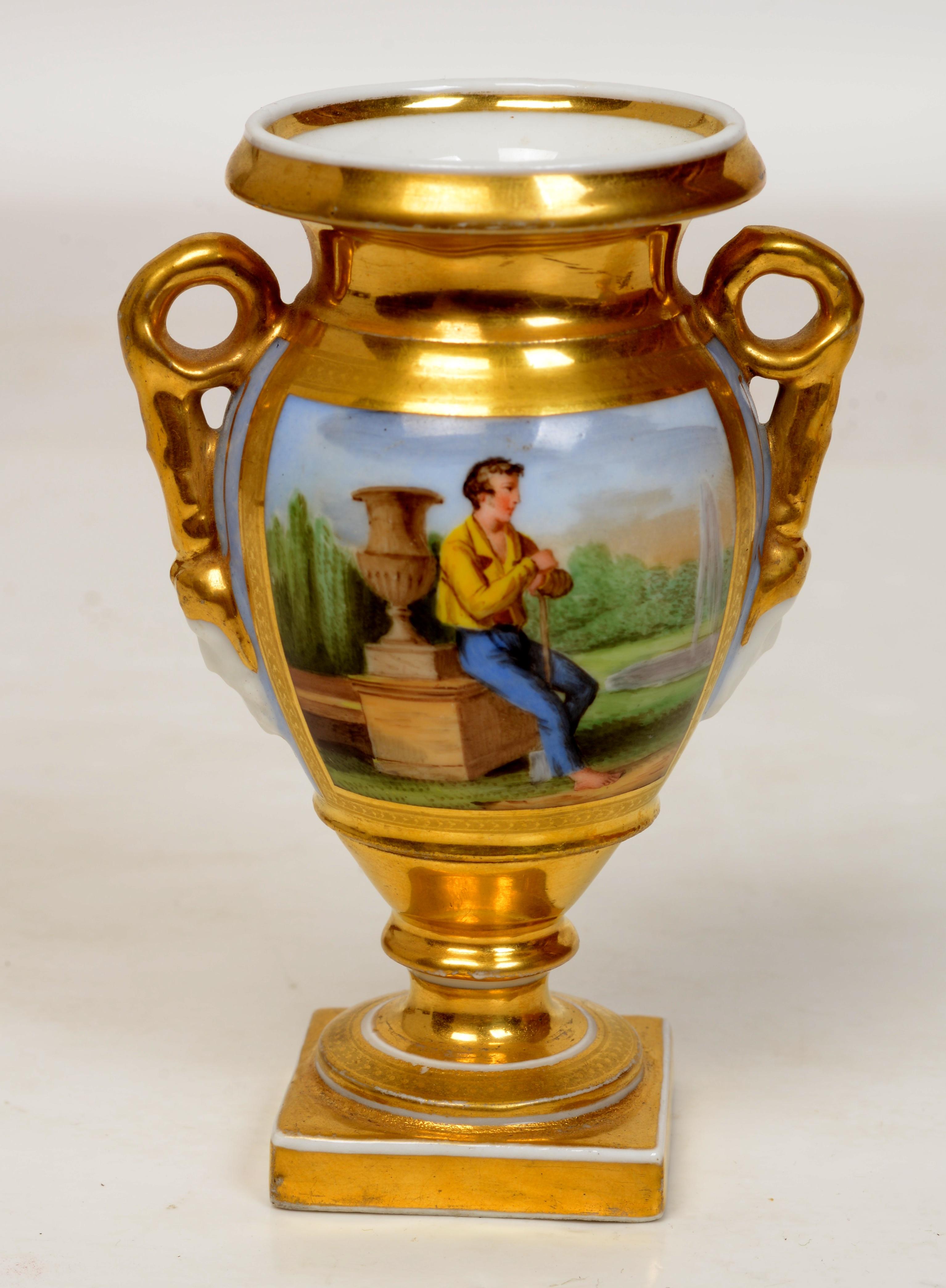 Porcelain Pr. of Old Paris Miniature, Gilt Decorated Footed Urns With Garden Scenes, c1800 For Sale
