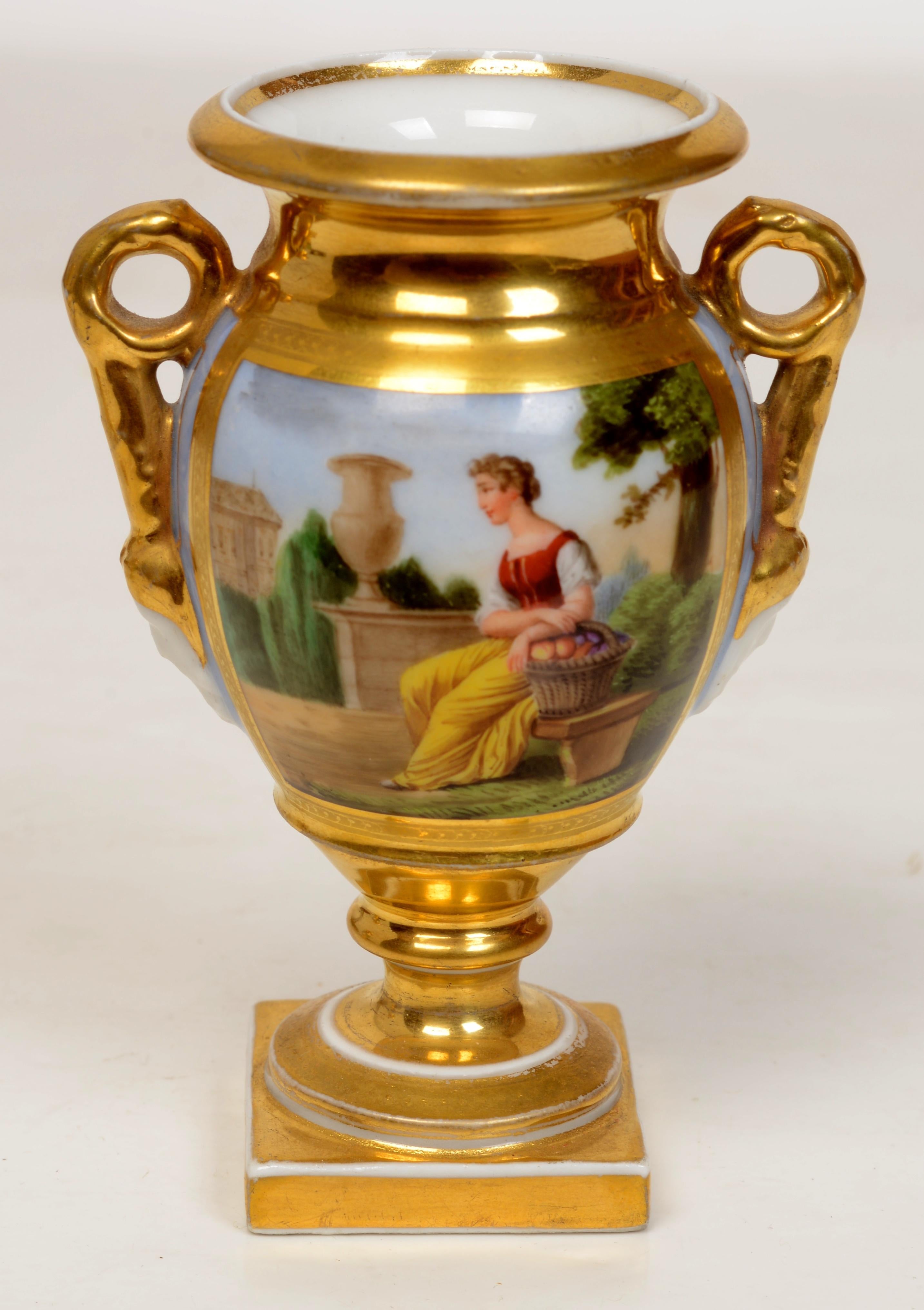 Pr. of Old Paris Miniature, Gilt Decorated Footed Urns With Garden Scenes, c1800 For Sale 1
