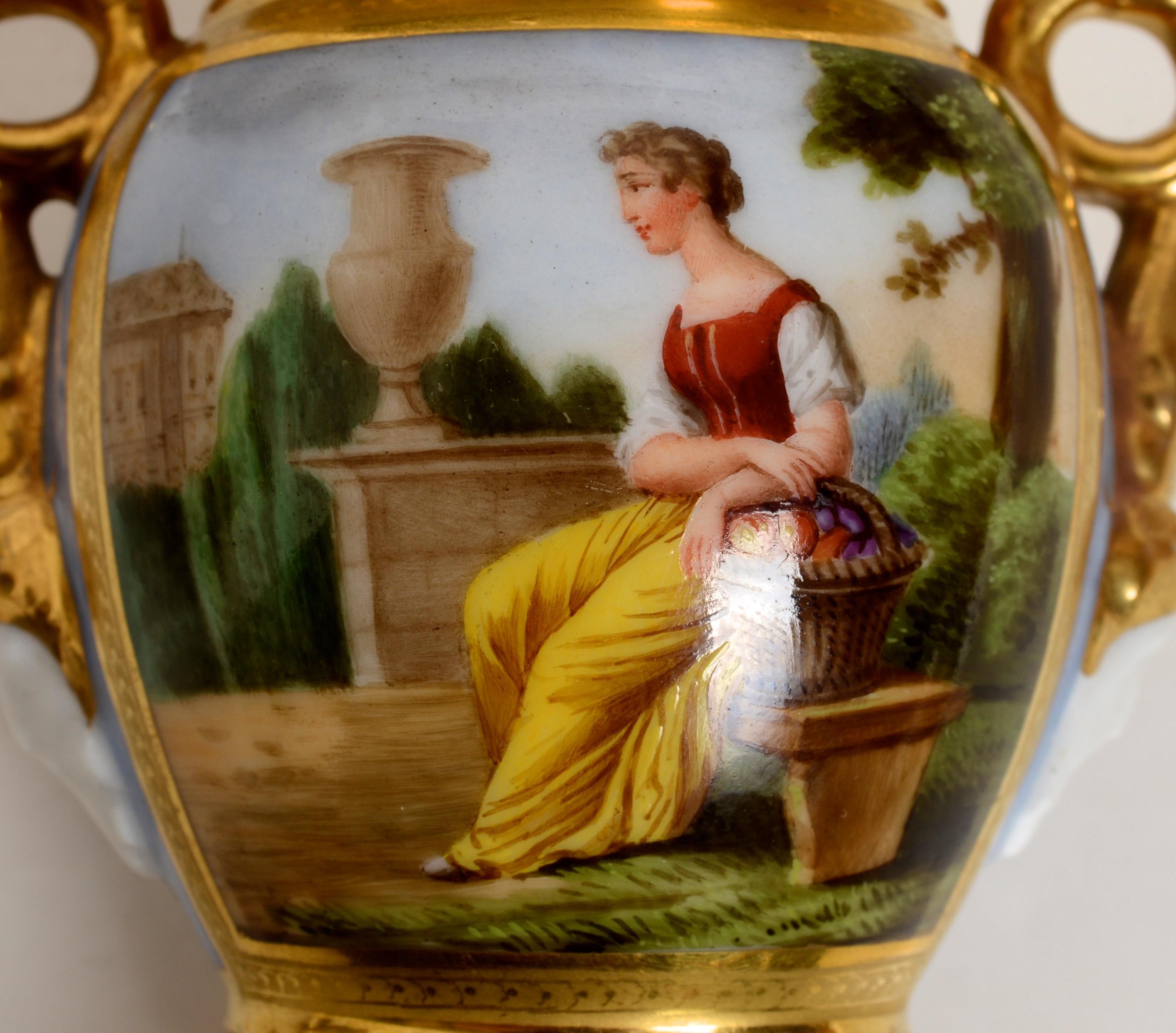 Pr. of Old Paris Miniature, Gilt Decorated Footed Urns With Garden Scenes, c1800 For Sale 2