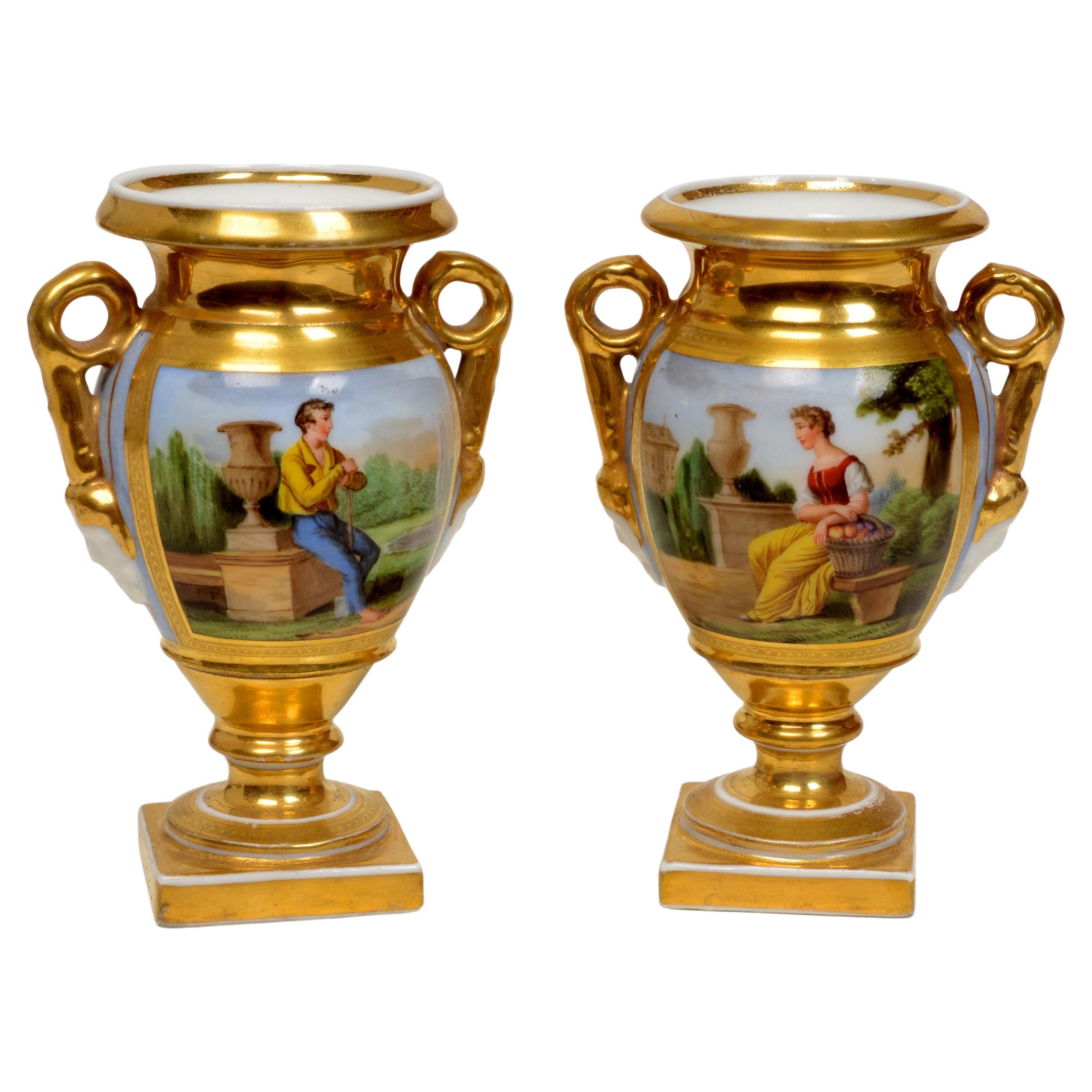 Pr. of Old Paris Miniature, Gilt Decorated Footed Urns With Garden Scenes, c1800 For Sale