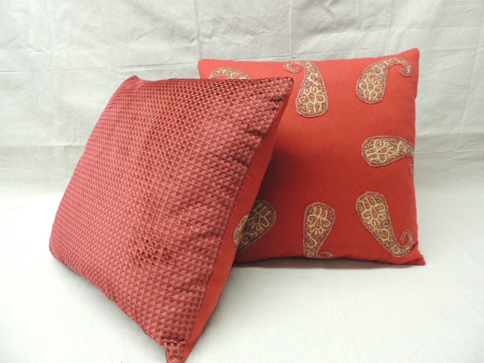 Hand-Crafted Red Persian Paisley Hand-Applique Embroidered Paisleys Decorative Pillows For Sale