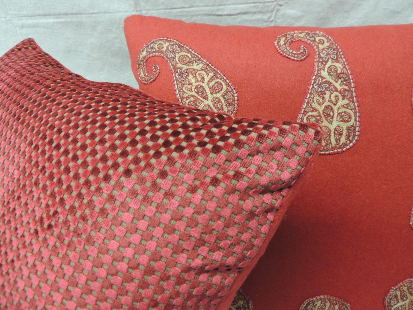 Red Persian Paisley Hand-Applique Embroidered Paisleys Decorative Pillows In Good Condition For Sale In Oakland Park, FL