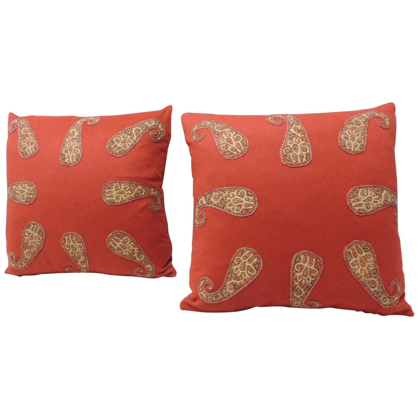 Red Persian Paisley Hand-Applique Embroidered Paisleys Decorative Pillows For Sale