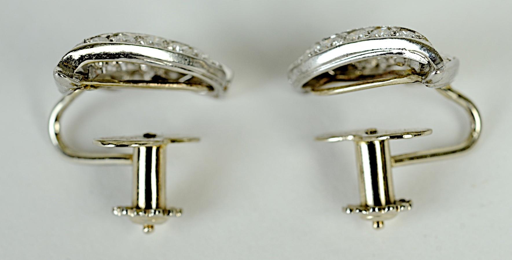 Pr of Retro Leaf Shaped Diamond Ear Clips Mounted in 14 KT and Platinum, c1950 In Good Condition For Sale In valatie, NY