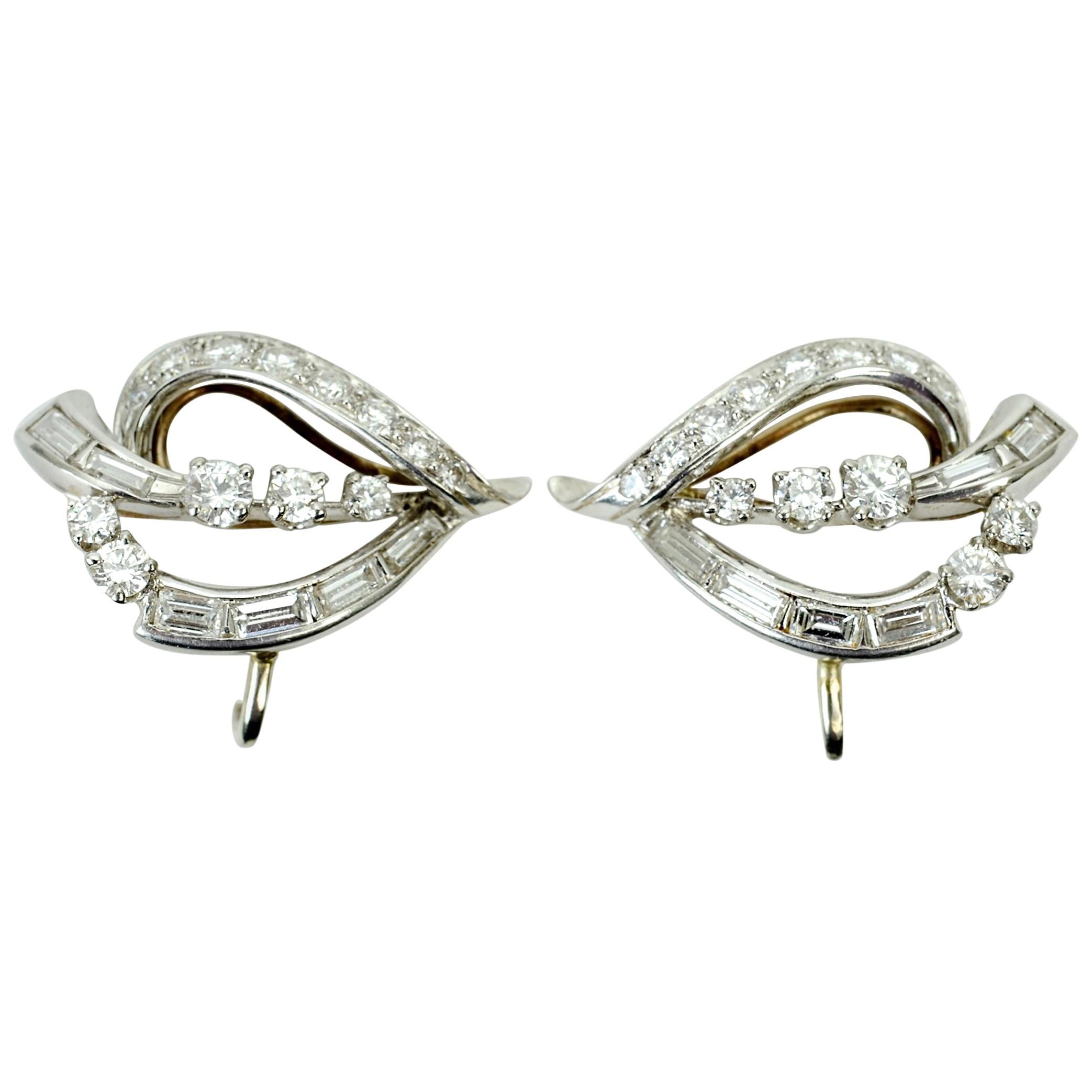 Pr of Retro Leaf Shaped Diamond Ear Clips Mounted in 14 KT and Platinum, c1950 For Sale