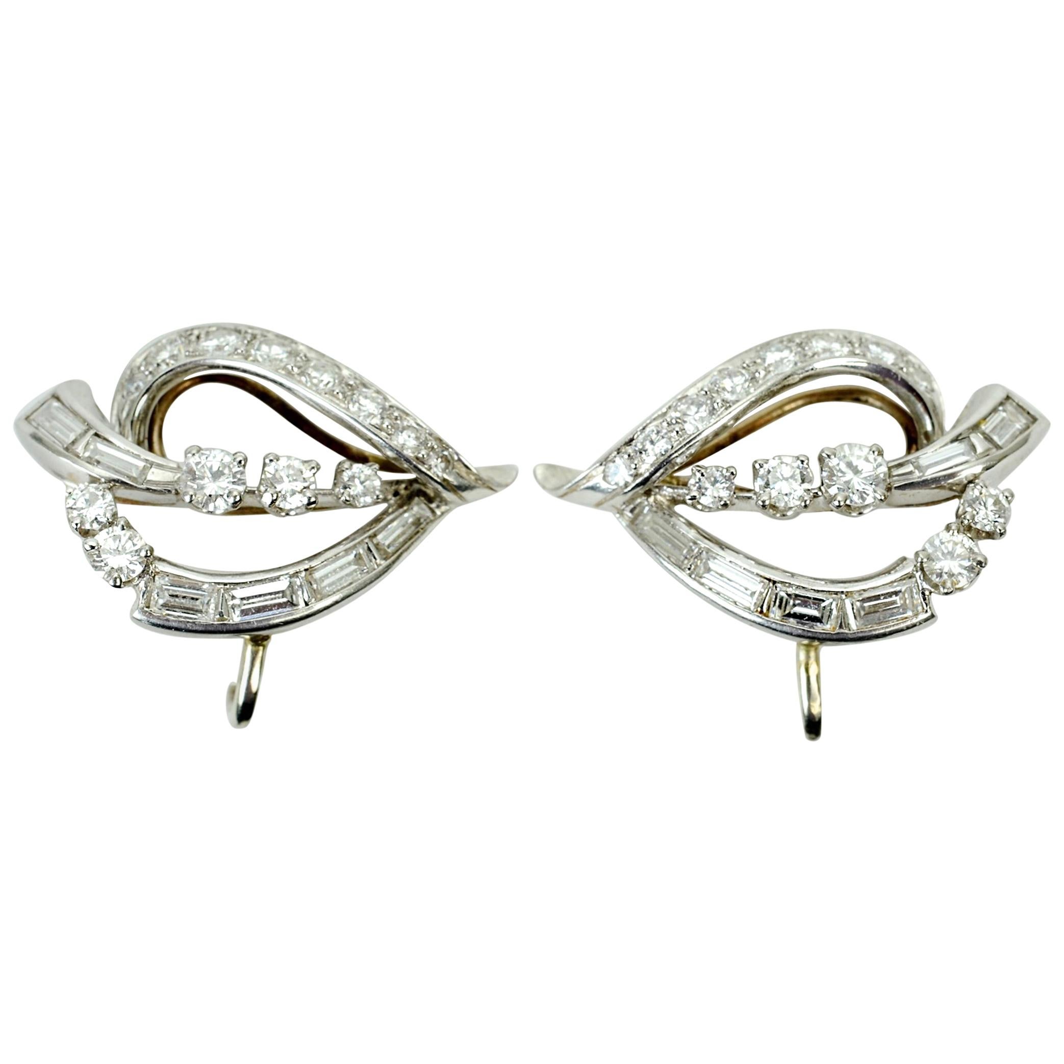 Pr of Retro Leaf Shaped Diamond Ear Clips Mounted in 14 KT and Platinum, c1950 For Sale