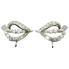 Pr of Retro Leaf Shaped Diamond Ear Clips Mounted in 14 KT and Platinum, c1950