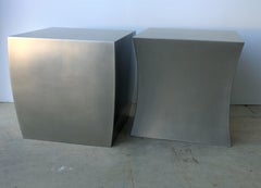Pair of Silver Brushed Steel Yin & Yang Drum Side / End / Cocktail / Stools