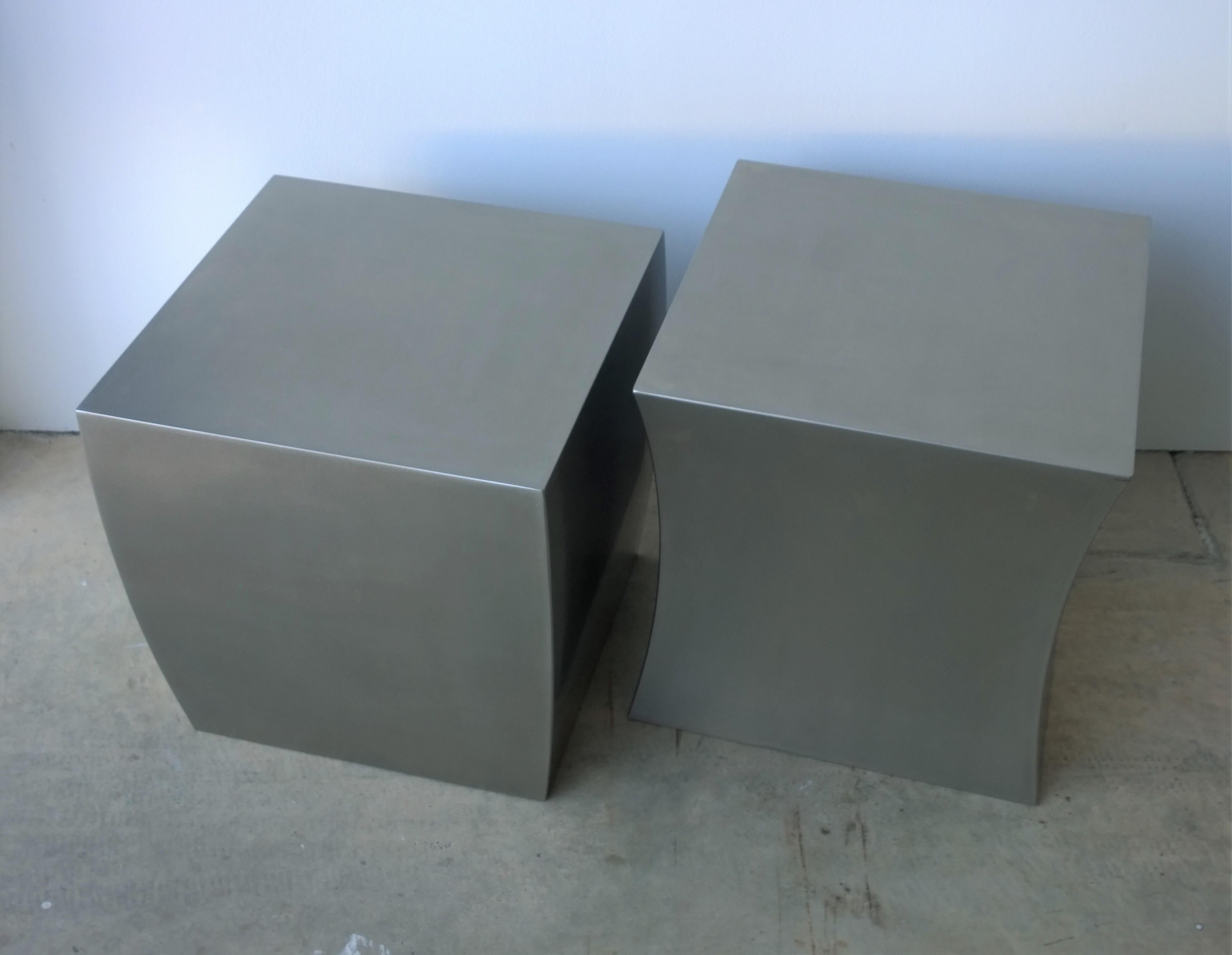 Post-Modern Pair of Silver Brushed Steel Yin & Yang Drum Side / End / Cocktail / Stools For Sale