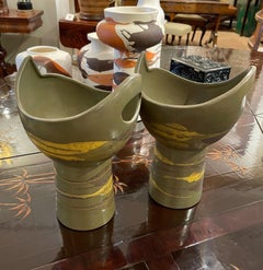Pr of Royal Haeger Cup-Shaped Vases W Brown & Yellow Glaze on Olive Green Ground