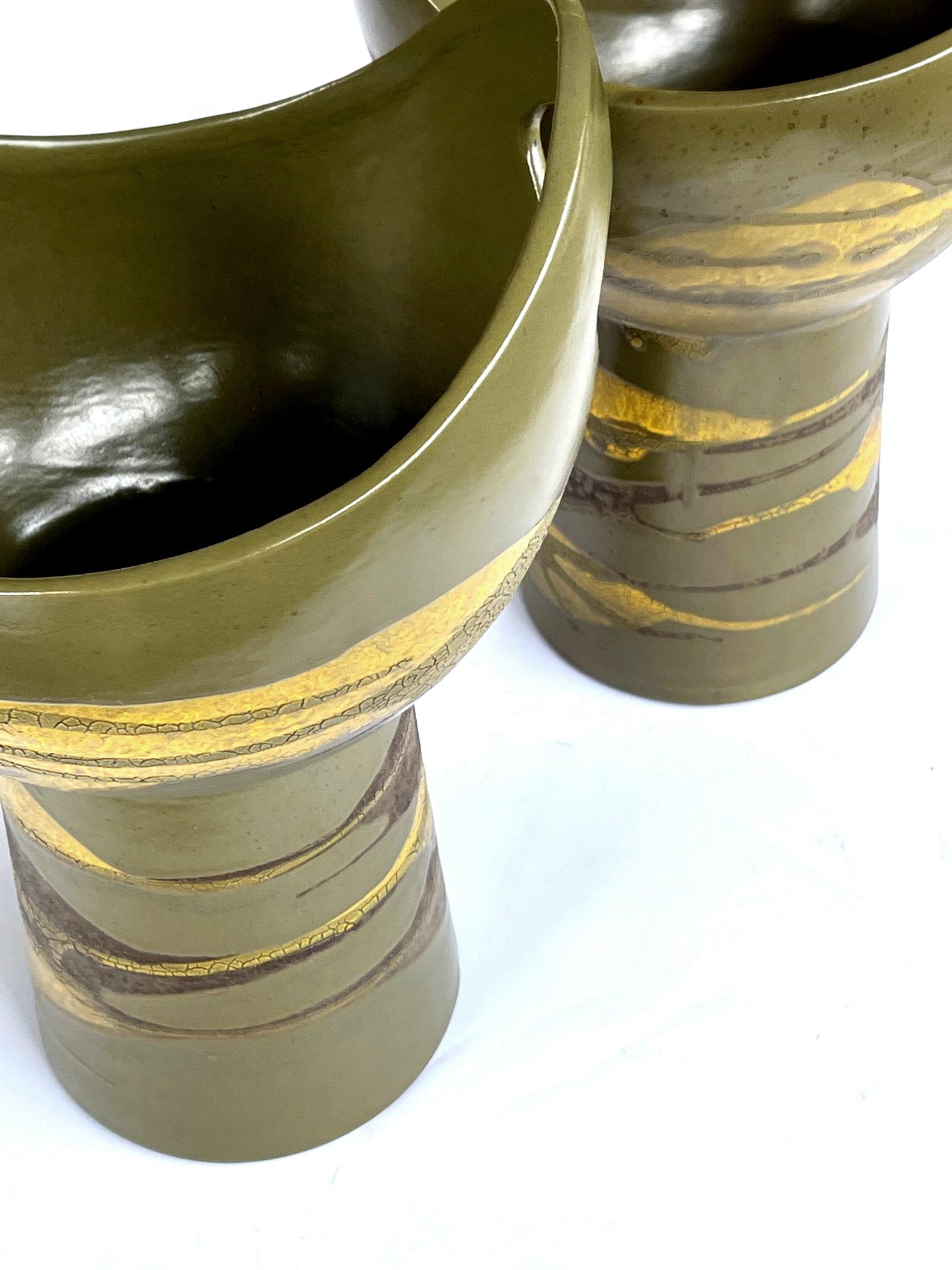 Mid-Century Modern Pr of Royal Haeger Cup-Shaped Vases W Brown & Yellow Glaze on Olive Green Ground