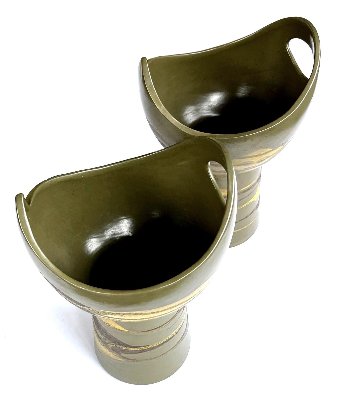 American Pr of Royal Haeger Cup-Shaped Vases W Brown & Yellow Glaze on Olive Green Ground