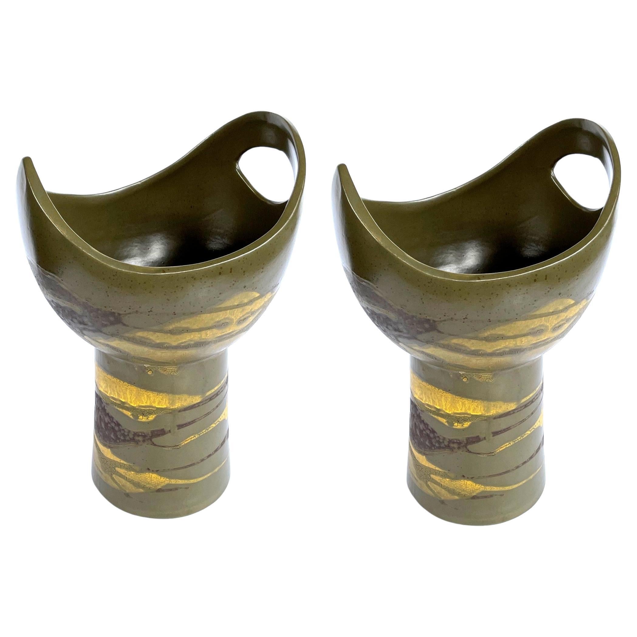 Pr of Royal Haeger Cup-Shaped Vases W Brown & Yellow Glaze on Olive Green Ground