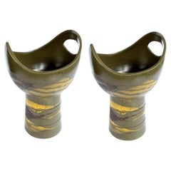 Pr of Royal Haeger Cup-Shaped Vases W Brown & Yellow Glaze on Olive Green Ground