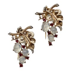 Pr of Trifari Sterling Silver, Grape Leaf, Moonstone & Red Stone Fur Clips, 1945